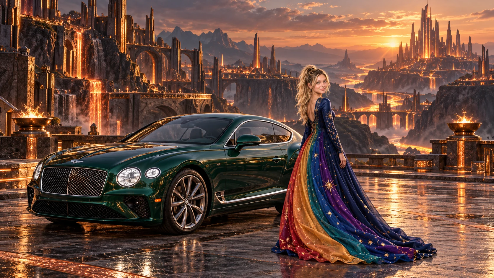 Kristin as Rainbow Brite wears a midnight-blue long-sleeved evening gown with a flowing rainbow-lined cape and tiny star embroidery beside a deep emerald green 2018 Bentley Continental GT on Cuprion, in The Pale Meridian.