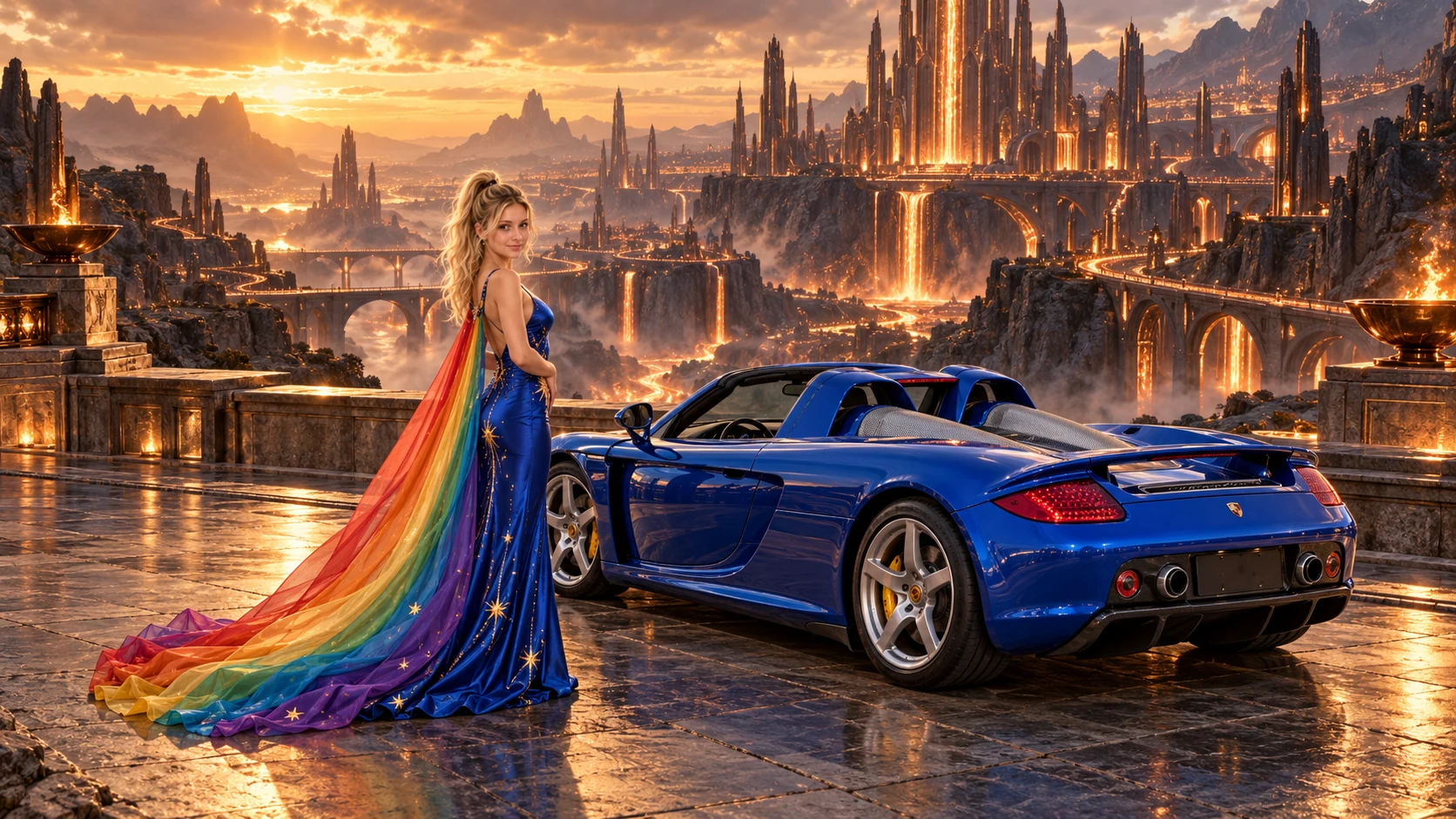 Kristin as Rainbow Brite wears a cobalt satin column gown with a dramatic rainbow chiffon cape and tiny gold star embroidery beside a cobalt blue 2004 Porsche Carrera GT on Cuprion, in The Pale Meridian.