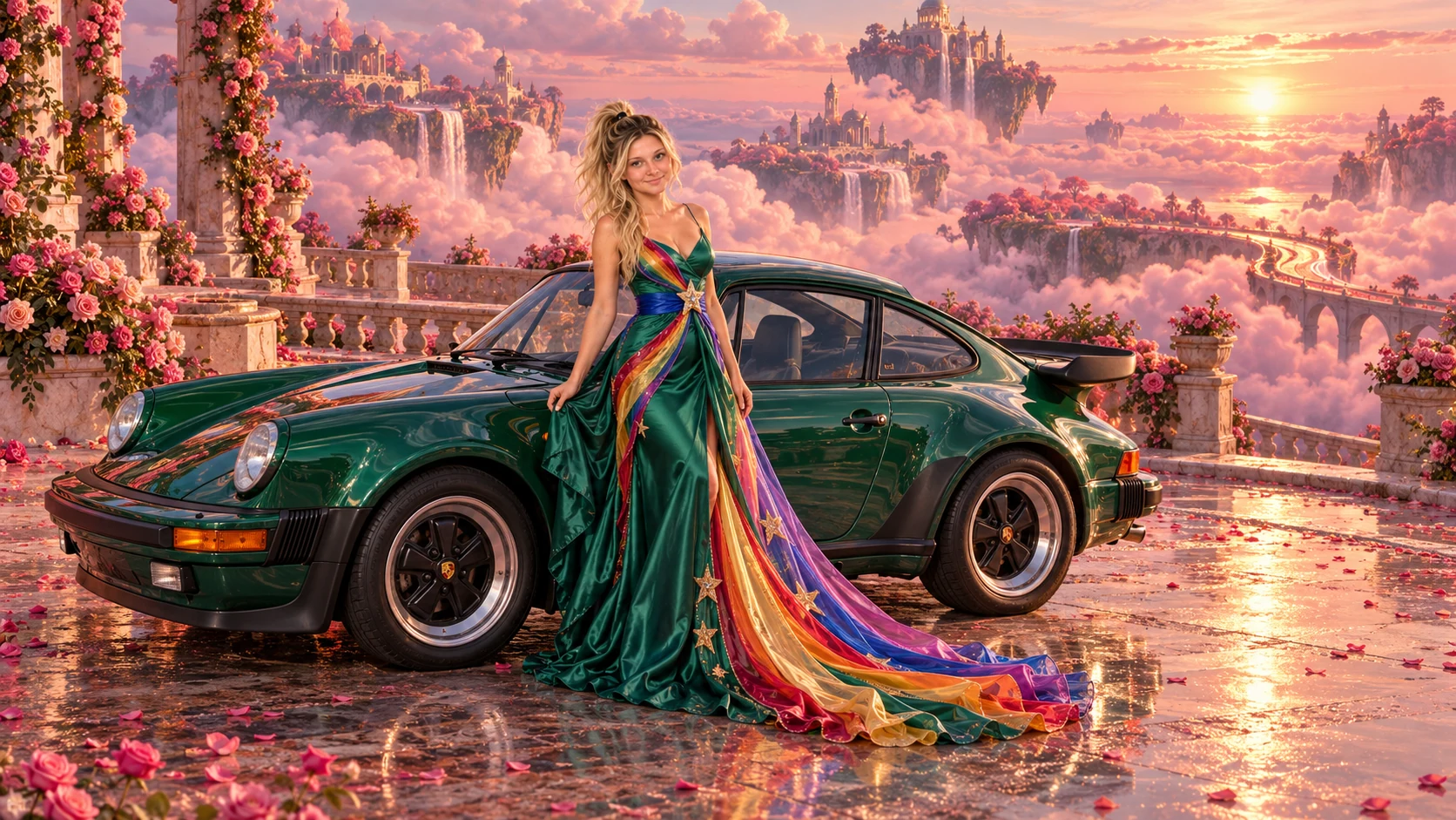 Kristin as Rainbow Brite wears a emerald silk evening dress with rainbow ribbon appliqué, a royal-blue waist sash and a jeweled star buckle beside a emerald green 1986 Porsche 911 Turbo on Blush Jubilee, in The Reverie Cloud.