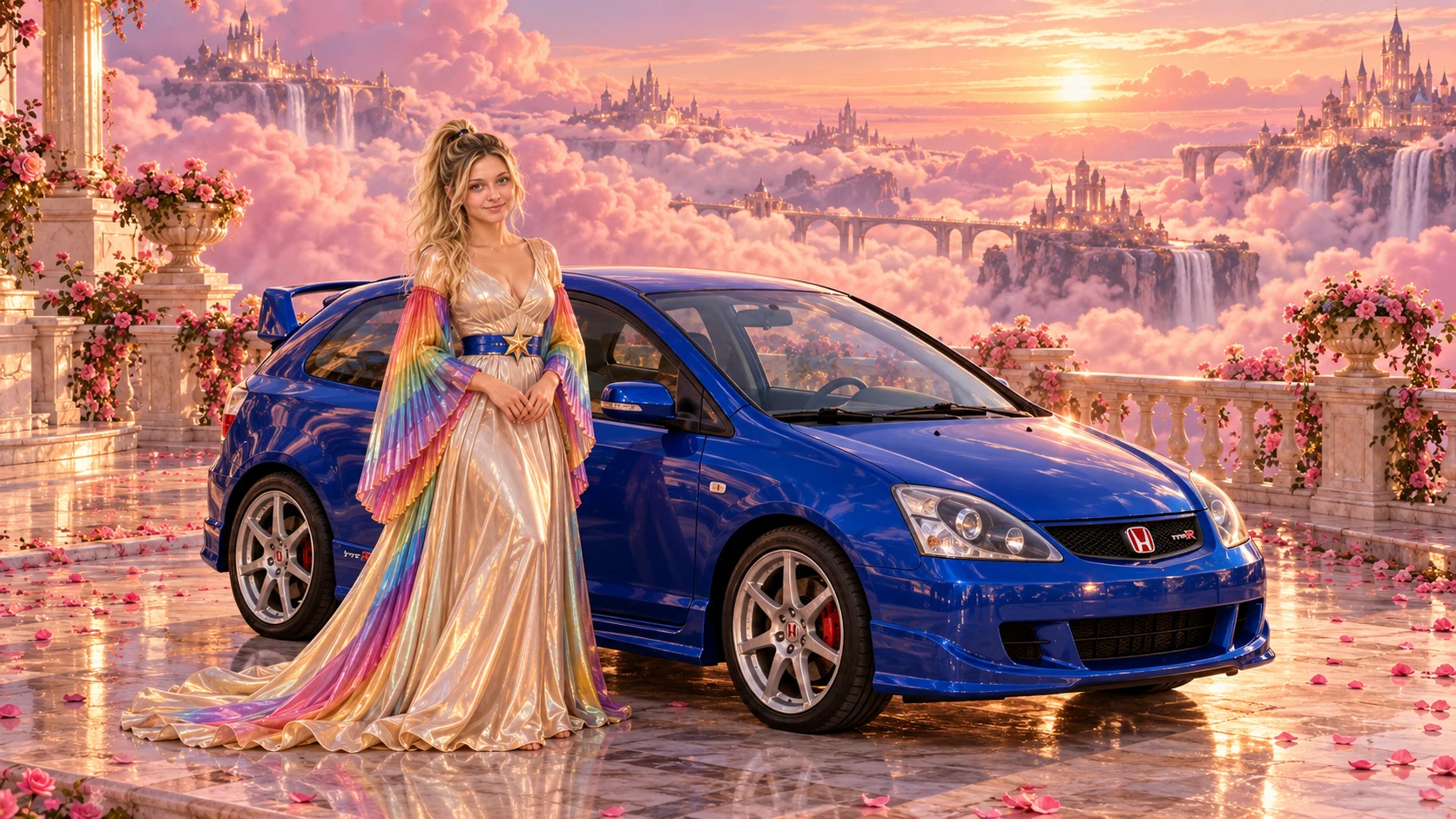 Kristin as Rainbow Brite wears a iridescent champagne satin gown with rainbow pleated sleeves and a sculpted blue-and-gold star belt beside a cobalt blue 2008 Honda Civic Type R on Blush Jubilee, in The Reverie Cloud.
