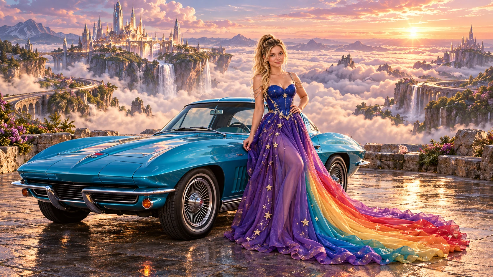 Kristin as Rainbow Brite wears a violet organza couture gown with a structured cobalt bodice, sweeping rainbow train and star jewels beside a electric turquoise 1963 Chevrolet Corvette Sting Ray on Reveria, in The Reverie Cloud.