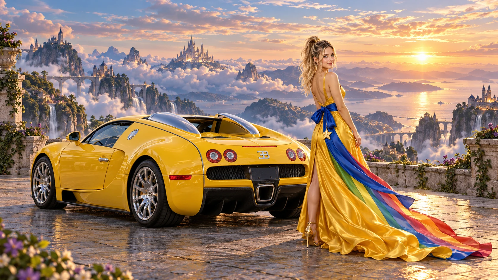 Kristin as Rainbow Brite wears a saffron satin evening gown with a royal-blue sash, graceful rainbow ribbon train and gold star pendant beside a sunflower yellow 2008 Bugatti Veyron on Reveria, in The Reverie Cloud.