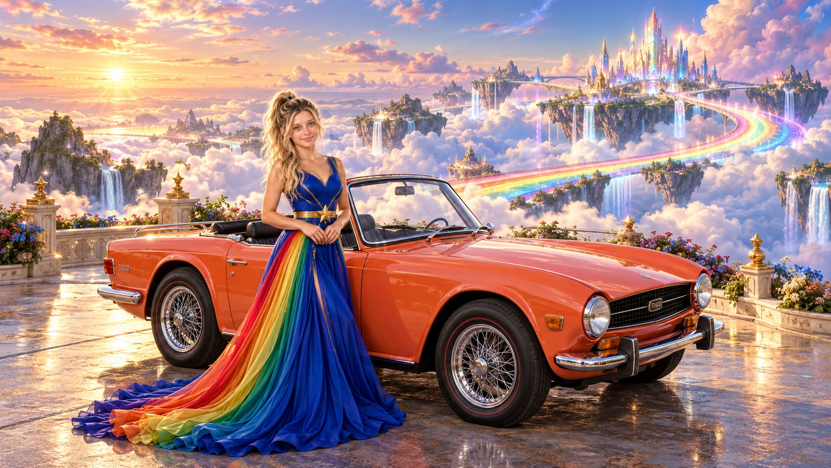 Kristin as Rainbow Brite wears a floor-length royal-blue silk gown with sculptural rainbow pleats and a flowing train, gold star belt beside a coral orange 1968 Triumph TR6 on Rainbow’s End, in The Reverie Cloud.