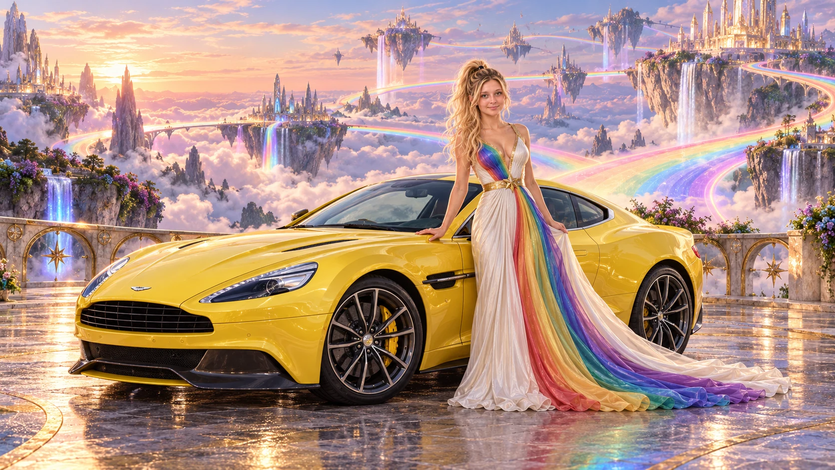 Kristin as Rainbow Brite wears a pearl-white pleated evening gown with jewel-tone rainbow panels and a fine gold star belt beside a lemon yellow 2013 Aston Martin Vanquish on Rainbow’s End, in The Reverie Cloud.