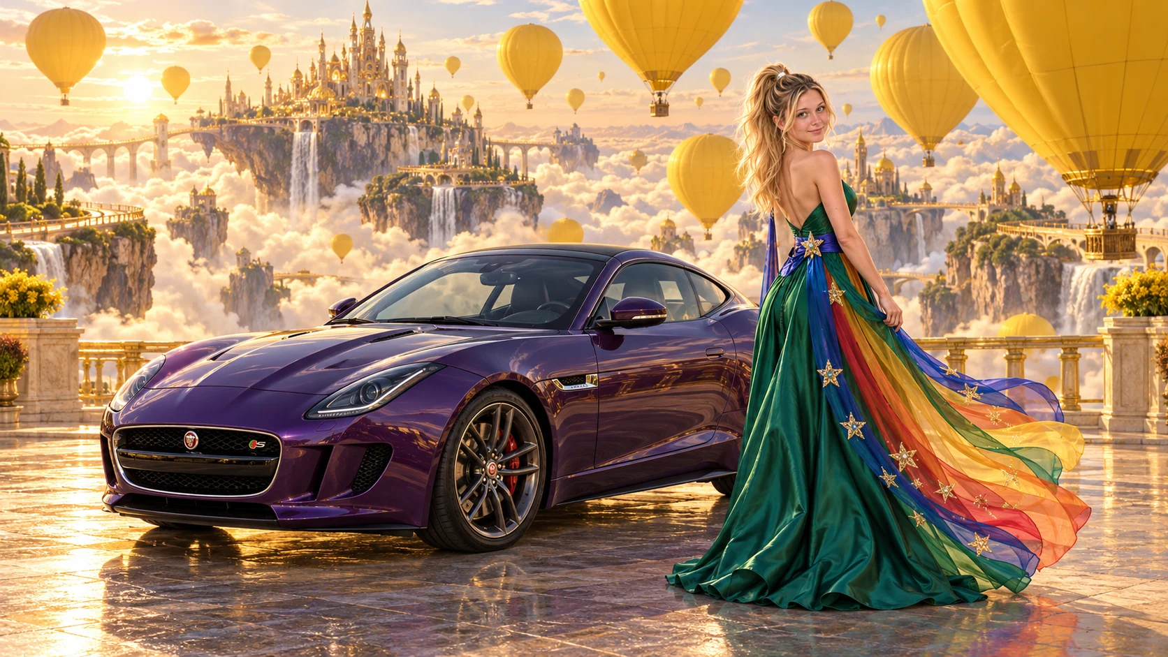Kristin as Rainbow Brite wears a emerald silk evening dress with rainbow ribbon appliqué, a royal-blue waist sash and a jeweled star buckle beside a deep violet 2014 Jaguar F-Type on Balloonia, in The Reverie Cloud.