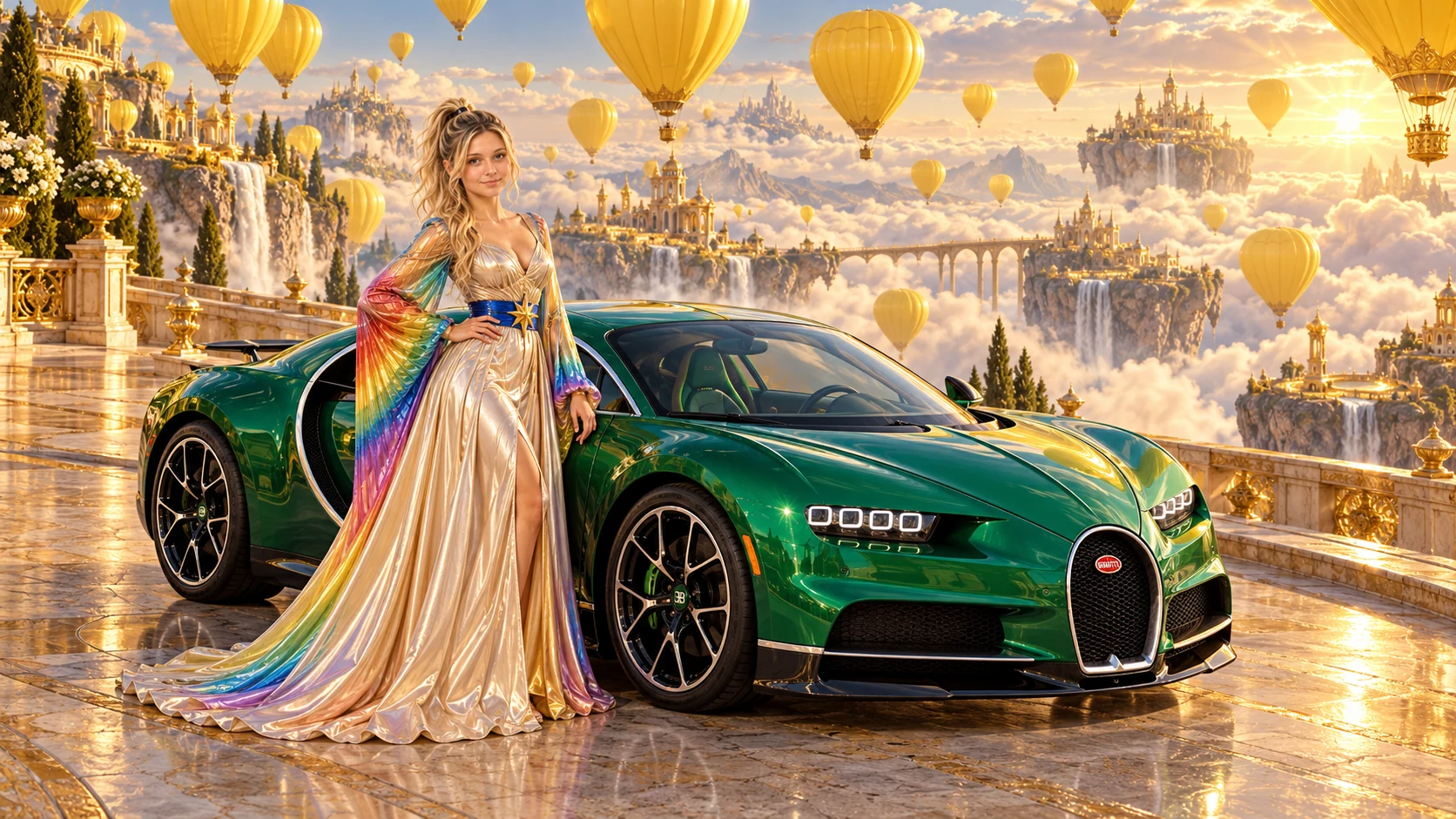 Kristin as Rainbow Brite wears a iridescent champagne satin gown with rainbow pleated sleeves and a sculpted blue-and-gold star belt beside a bright emerald 2017 Bugatti Chiron on Balloonia, in The Reverie Cloud.