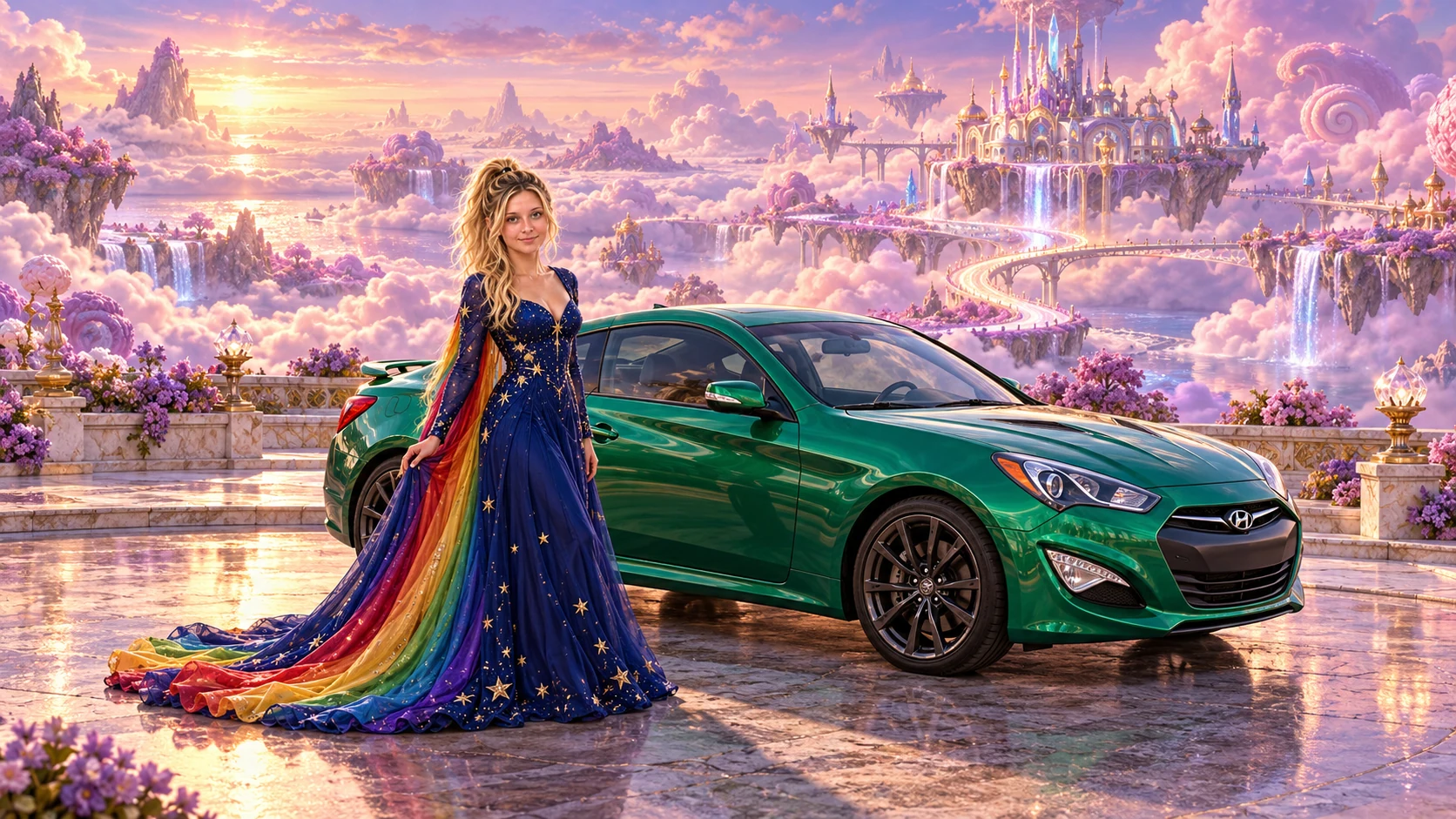 Kristin as Rainbow Brite wears a midnight-blue long-sleeved evening gown with a flowing rainbow-lined cape and tiny star embroidery beside a bright emerald 2016 Hyundai Genesis Coupe on Sugarwake, in The Reverie Cloud.