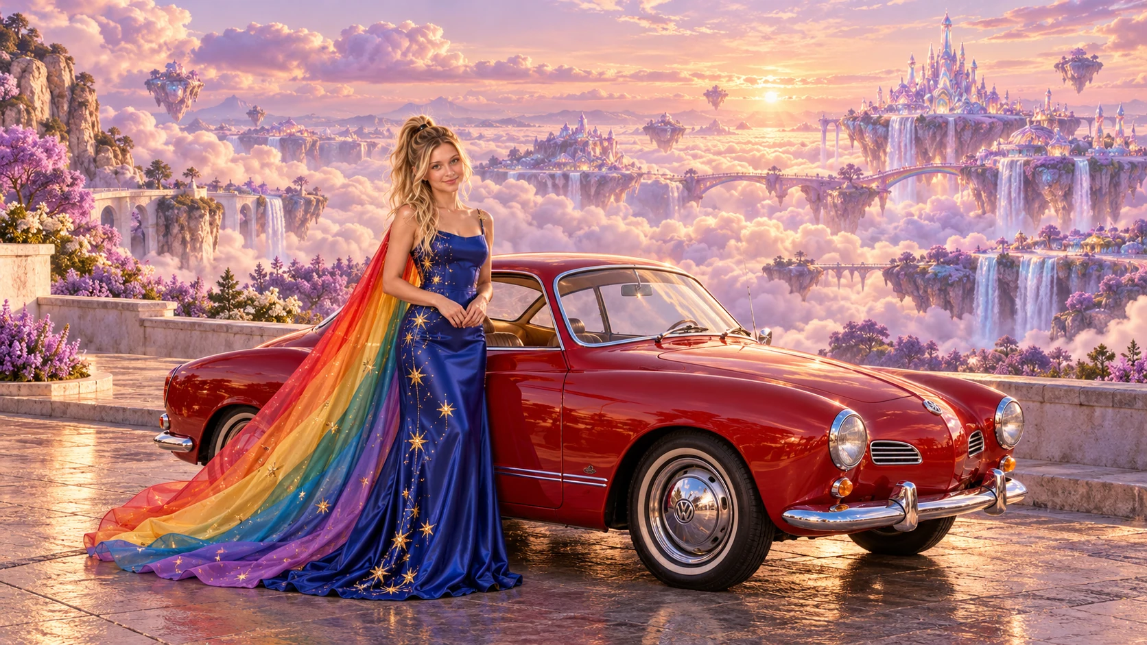 Kristin as Rainbow Brite wears a cobalt satin column gown with a dramatic rainbow chiffon cape and tiny gold star embroidery beside a candy apple red 1965 Volkswagen Karmann Ghia on Sugarwake, in The Reverie Cloud.