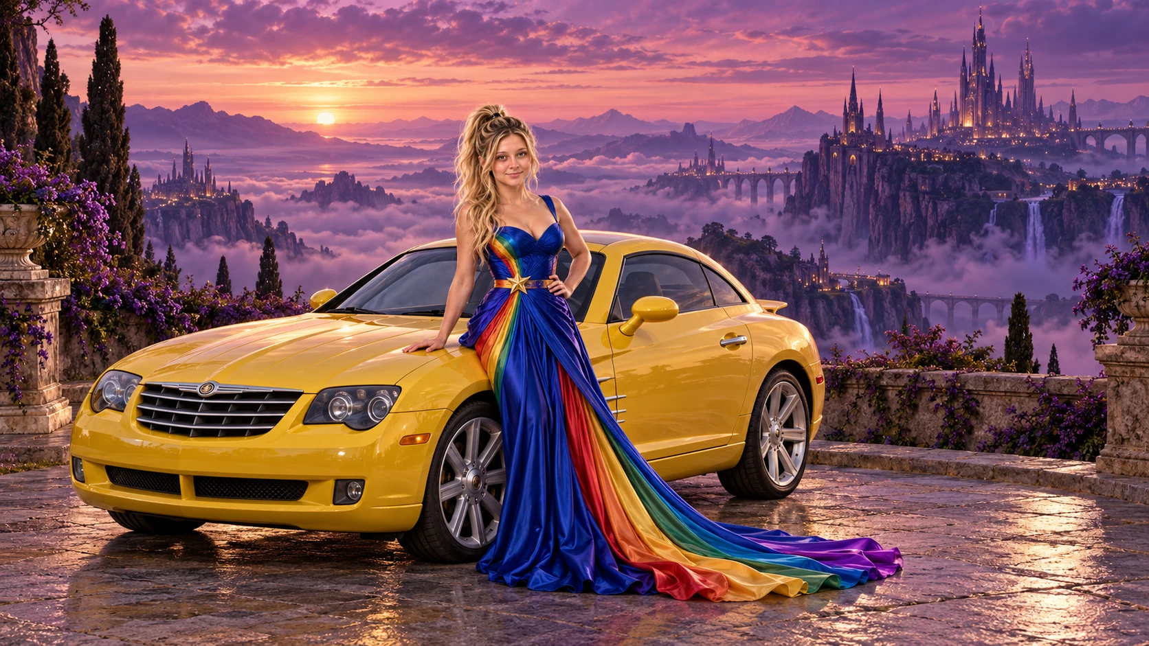 Kristin as Rainbow Brite wears a floor-length royal-blue silk gown with sculptural rainbow pleats and a flowing train, gold star belt beside a sunflower yellow 2006 Chrysler Crossfire on Velvet Dusk, in The Reverie Cloud.