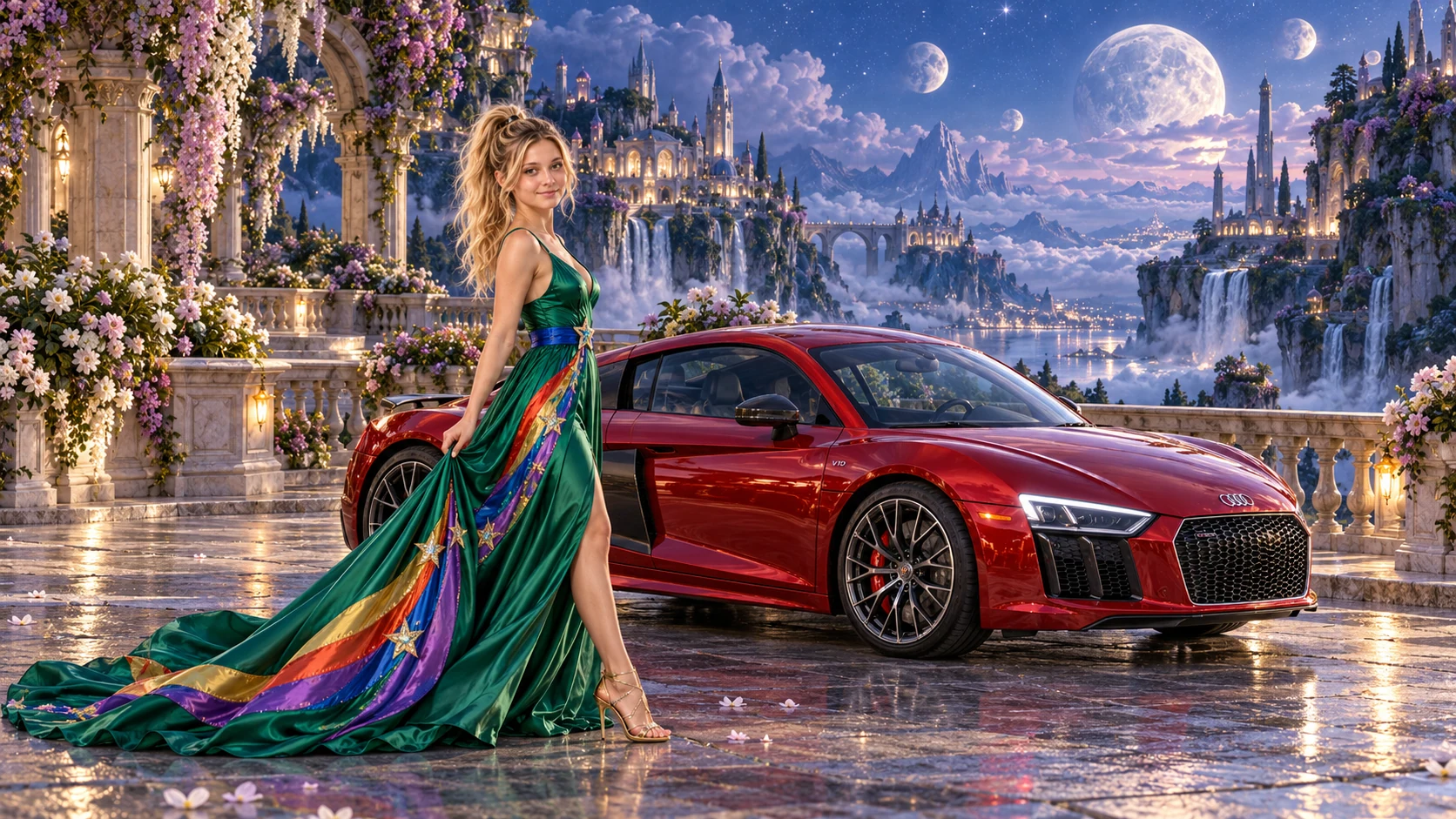 Kristin as Rainbow Brite wears a emerald silk evening dress with rainbow ribbon appliqué, a royal-blue waist sash and a jeweled star buckle beside a crimson red 2017 Audi R8 on Lunafleur, in The Reverie Cloud.