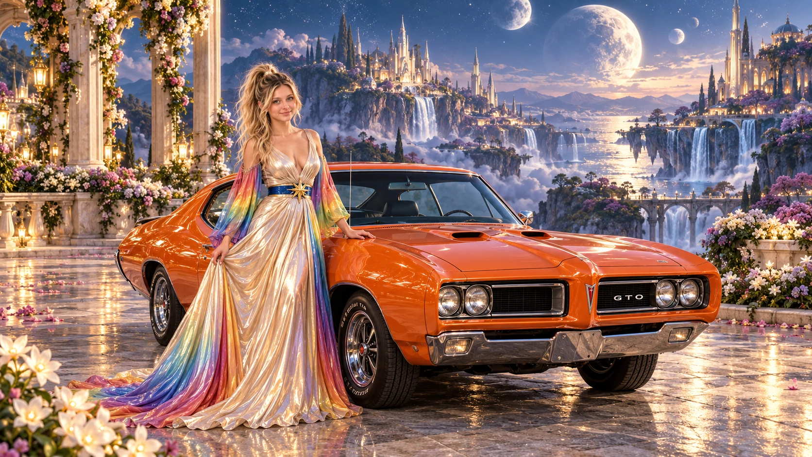 Kristin as Rainbow Brite wears a iridescent champagne satin gown with rainbow pleated sleeves and a sculpted blue-and-gold star belt beside a bright orange 1969 Pontiac GTO on Lunafleur, in The Reverie Cloud.
