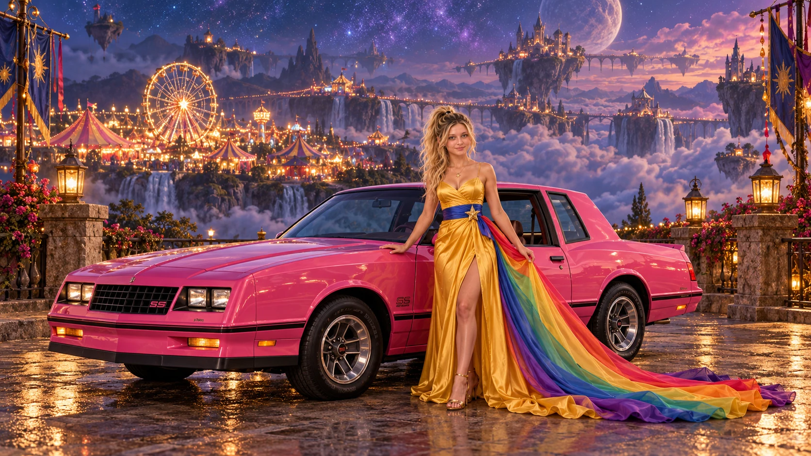 Kristin as Rainbow Brite wears a saffron satin evening gown with a royal-blue sash, graceful rainbow ribbon train and gold star pendant beside a hot pink 1985 Chevrolet Monte Carlo SS on The Quiet Carnival, in The Reverie Cloud.