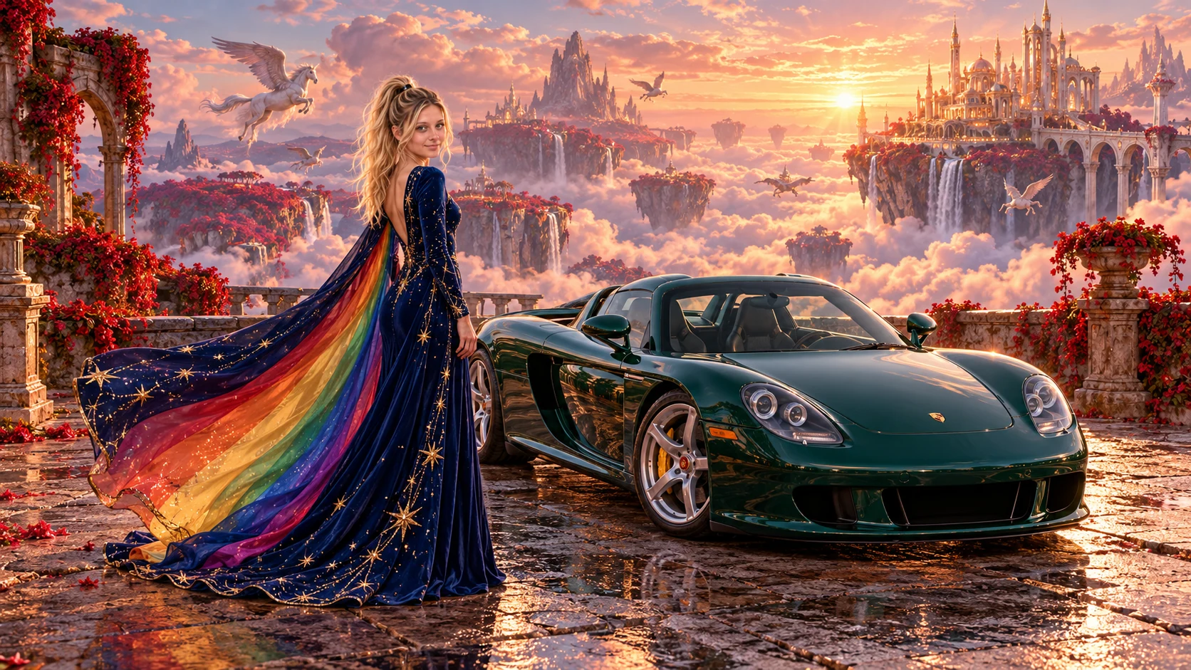Kristin as Rainbow Brite wears a midnight-blue long-sleeved evening gown with a flowing rainbow-lined cape and tiny star embroidery beside a deep emerald green 2004 Porsche Carrera GT on Wishfall, in The Reverie Cloud.