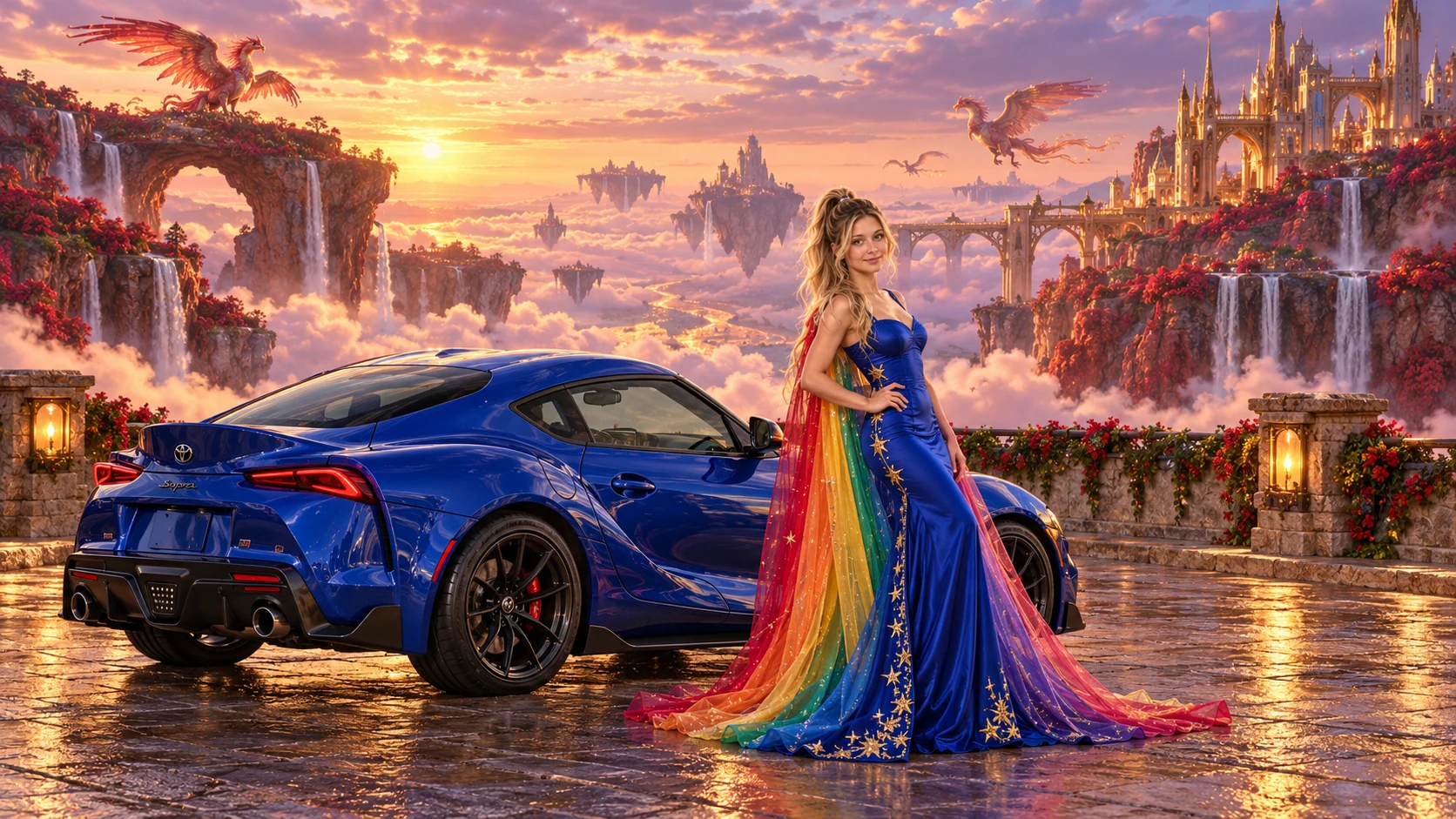 Kristin as Rainbow Brite wears a cobalt satin column gown with a dramatic rainbow chiffon cape and tiny gold star embroidery beside a cobalt blue 2020 Toyota GR Supra on Wishfall, in The Reverie Cloud.