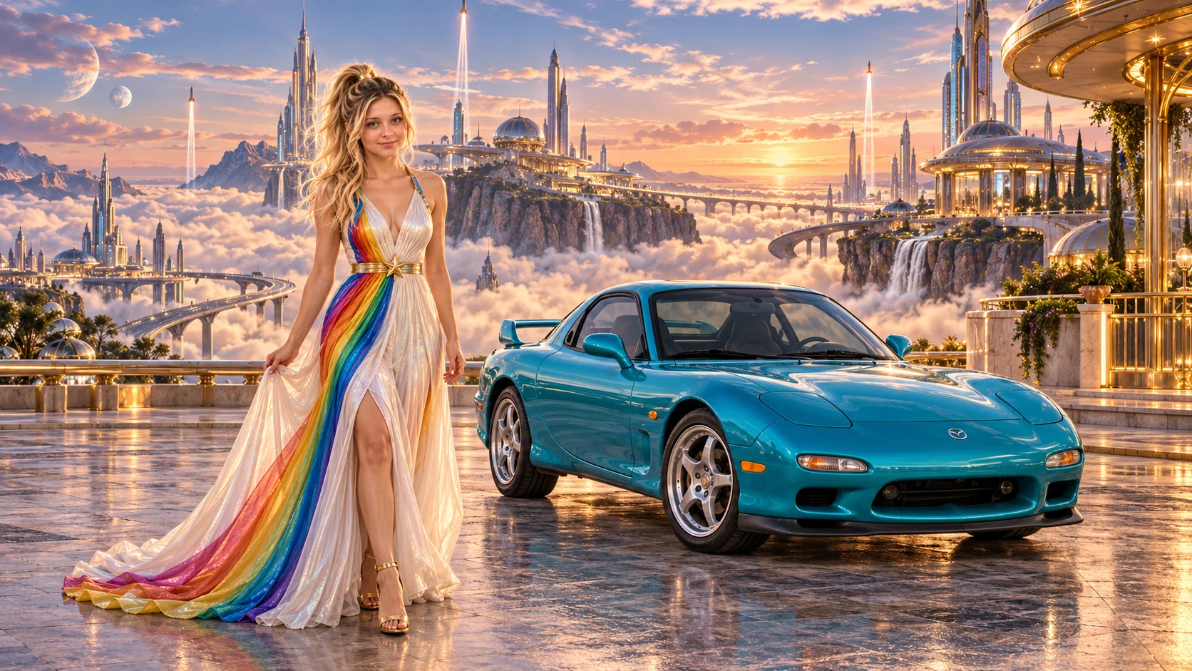 Kristin as Rainbow Brite wears a pearl-white pleated evening gown with jewel-tone rainbow panels and a fine gold star belt beside a electric turquoise 1993 Mazda RX-7 on Auravelle, in The Reverie Cloud.