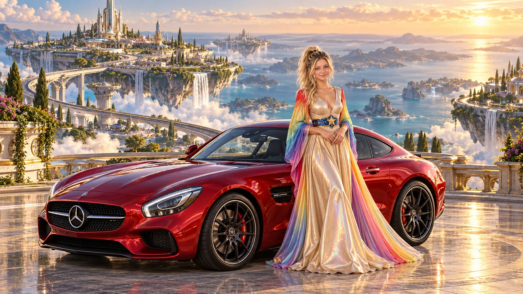 Kristin as Rainbow Brite wears a iridescent champagne satin gown with rainbow pleated sleeves and a sculpted blue-and-gold star belt beside a candy apple red 2016 Mercedes-AMG GT on Rotoria, in The Reverie Cloud.