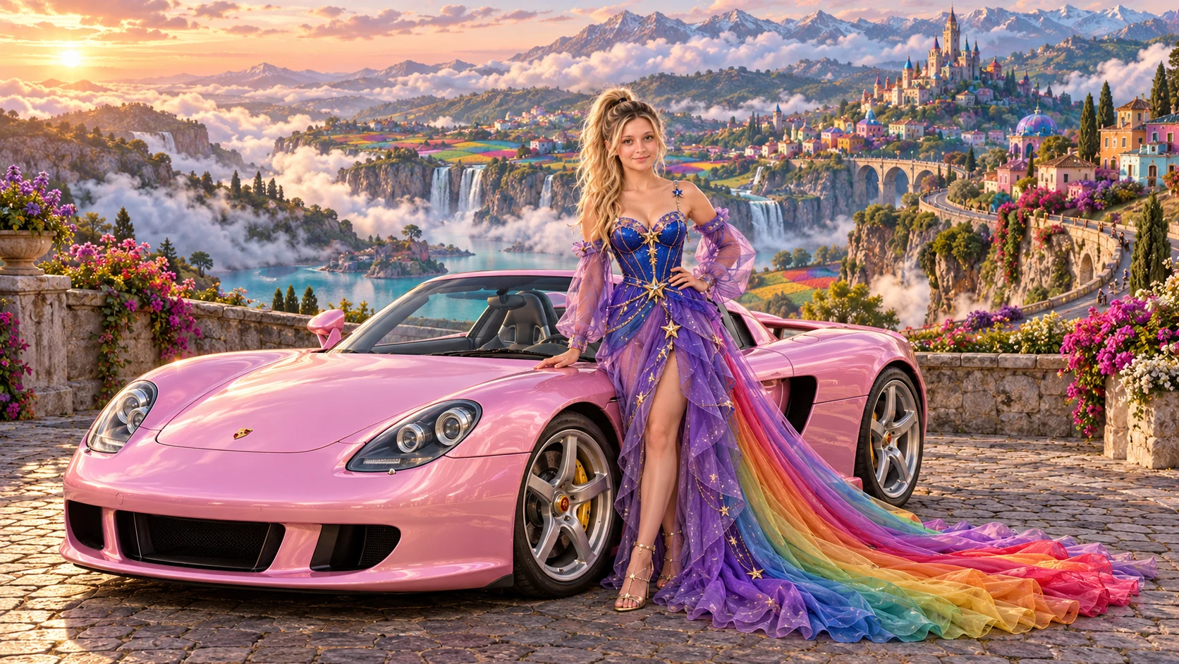 Kristin as Rainbow Brite wears a violet organza couture gown with a structured cobalt bodice, sweeping rainbow train and star jewels beside a pearl pink 2004 Porsche Carrera GT on Wolfsora, in The Reverie Cloud.
