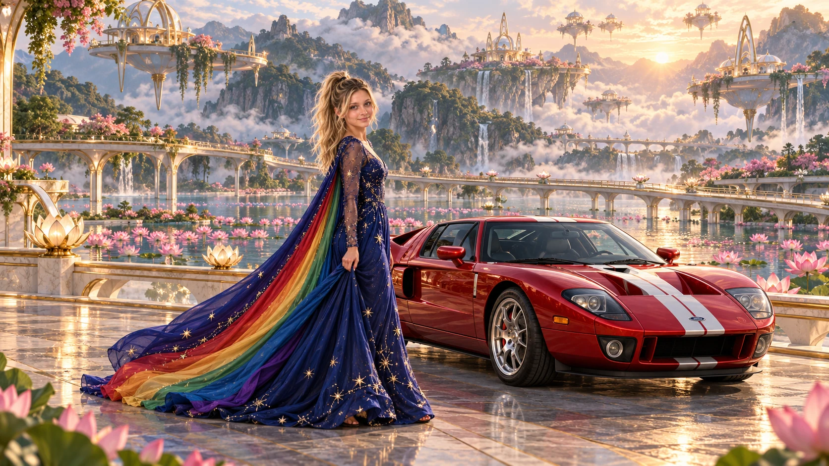 Kristin as Rainbow Brite wears a midnight-blue long-sleeved evening gown with a flowing rainbow-lined cape and tiny star embroidery beside a candy apple red 2005 Ford GT on Petalora, in The Reverie Cloud.