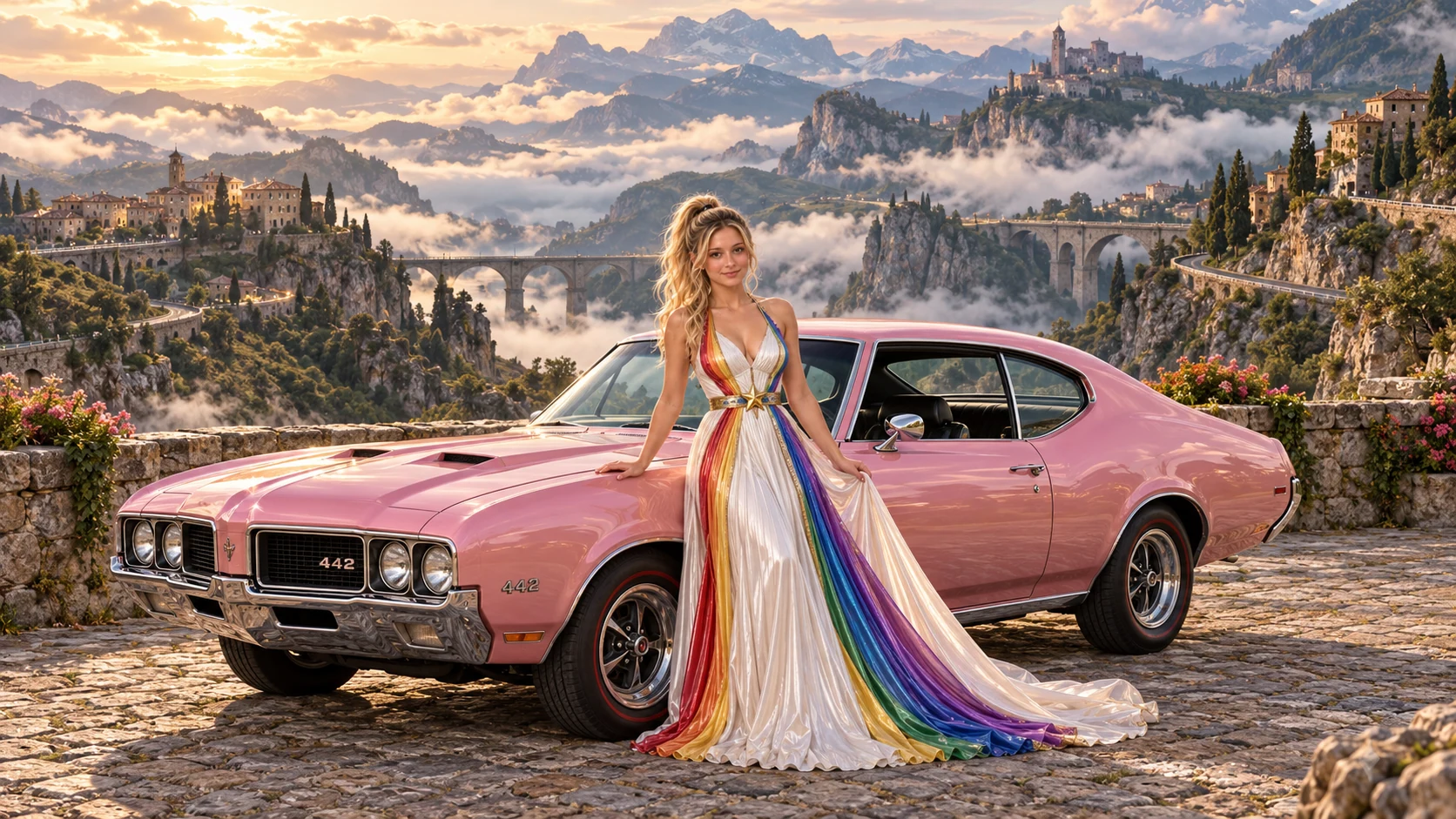 Kristin as Rainbow Brite wears a pearl-white pleated evening gown with jewel-tone rainbow panels and a fine gold star belt beside a pearl pink 1968 Oldsmobile 442 on Lancoria, in The Reverie Cloud.