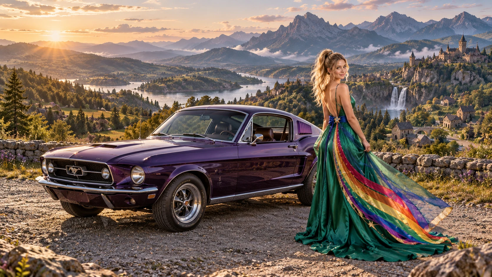 Kristin as Rainbow Brite wears a emerald silk evening dress with rainbow ribbon appliqué, a royal-blue waist sash and a jeweled star buckle beside a deep violet 1967 Ford Mustang Fastback on Dacoria, in The Reverie Cloud.