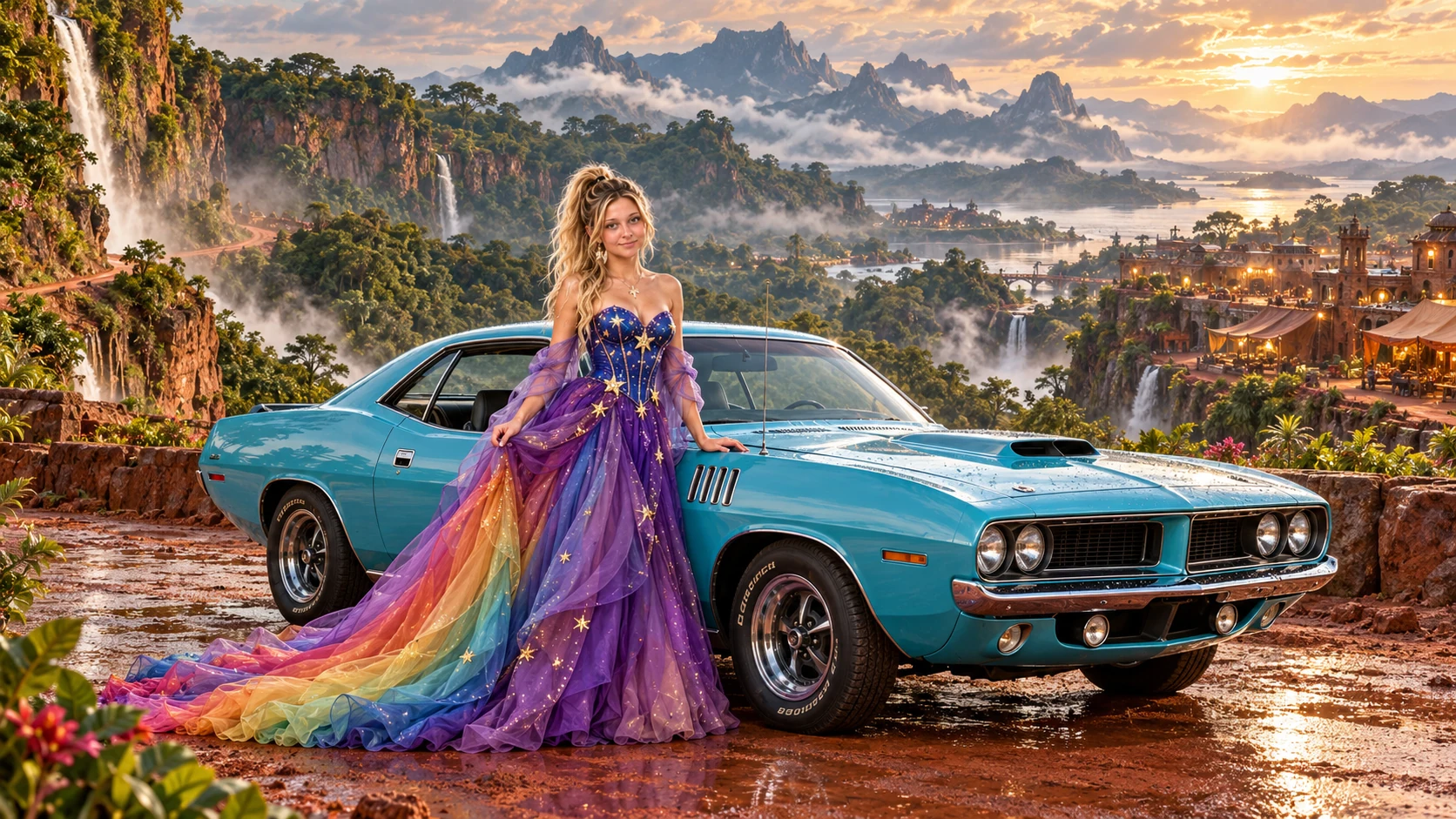 Kristin as Rainbow Brite wears a violet organza couture gown with a structured cobalt bodice, sweeping rainbow train and star jewels beside a glacier turquoise 1971 Plymouth Barracuda on Dustara, in The Reverie Cloud.