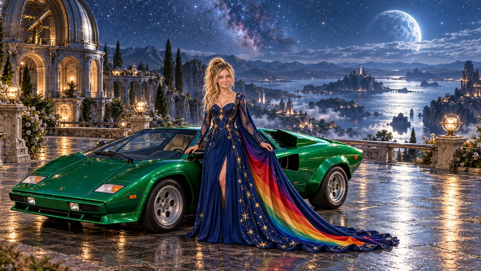 Kristin as Rainbow Brite wears a midnight-blue long-sleeved evening gown with a flowing rainbow-lined cape and tiny star embroidery beside a bright emerald 1974 Lamborghini Countach on Moonhush, in The Far Observatory.