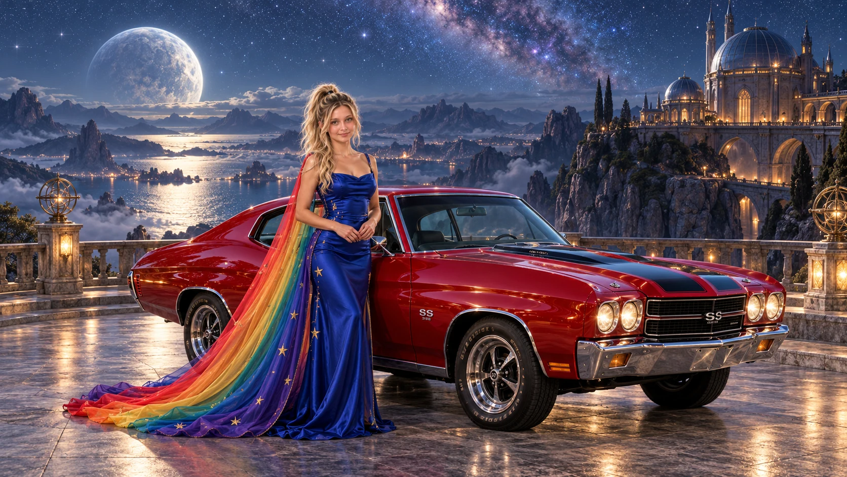 Kristin as Rainbow Brite wears a cobalt satin column gown with a dramatic rainbow chiffon cape and tiny gold star embroidery beside a candy apple red 1970 Chevrolet Chevelle SS on Moonhush, in The Far Observatory.