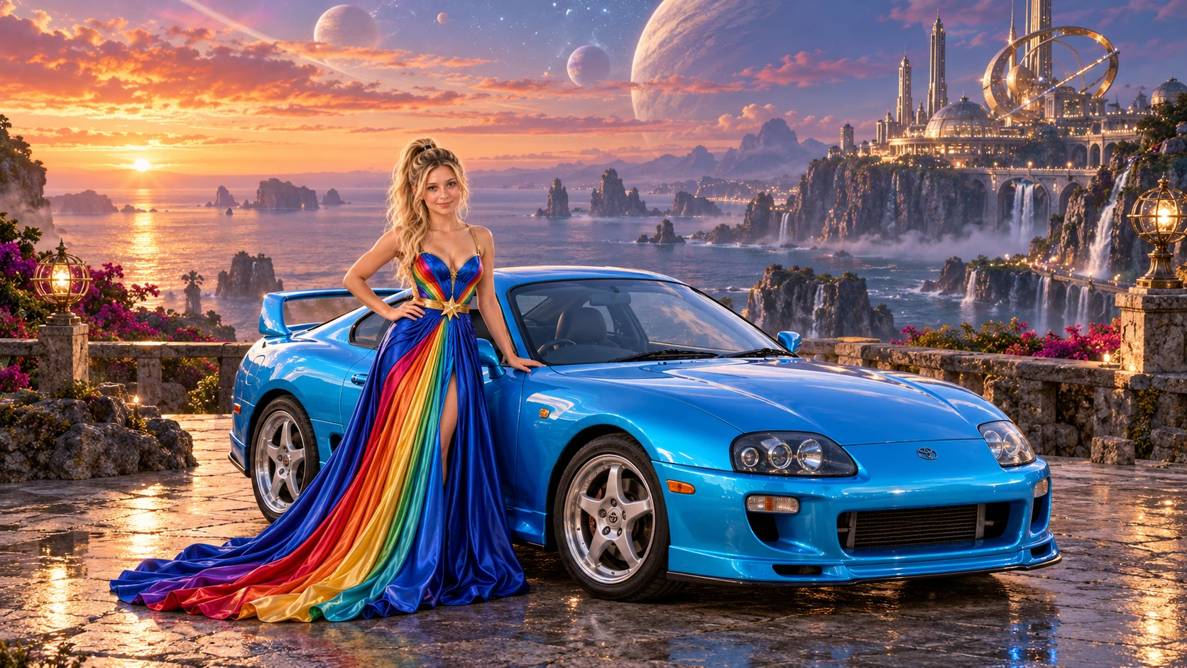 Kristin as Rainbow Brite wears a floor-length royal-blue silk gown with sculptural rainbow pleats and a flowing train, gold star belt beside a electric cyan 1997 Toyota Supra on Leonida Prime, in The Far Observatory.
