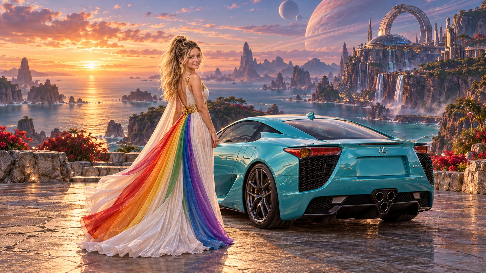 Kristin as Rainbow Brite wears a pearl-white pleated evening gown with jewel-tone rainbow panels and a fine gold star belt beside a glacier turquoise 2011 Lexus LFA on Leonida Prime, in The Far Observatory.