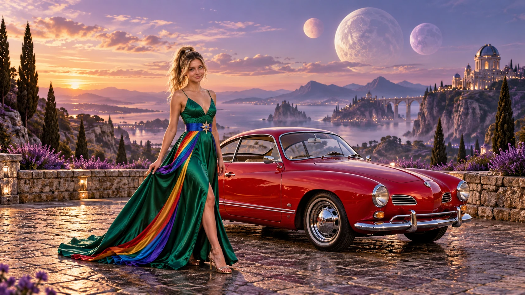 Kristin as Rainbow Brite wears a emerald silk evening dress with rainbow ribbon appliqué, a royal-blue waist sash and a jeweled star buckle beside a candy apple red 1965 Volkswagen Karmann Ghia on Triune, in The Far Observatory.