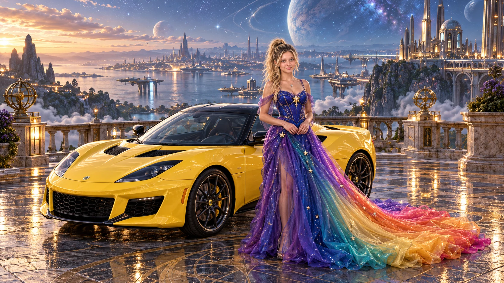 Kristin as Rainbow Brite wears a violet organza couture gown with a structured cobalt bodice, sweeping rainbow train and star jewels beside a lemon yellow 2017 Lotus Evora 400 on Starhaven, in The Far Observatory.