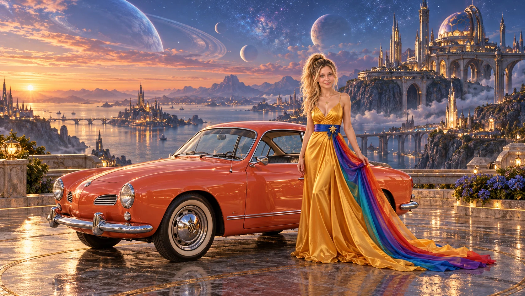 Kristin as Rainbow Brite wears a saffron satin evening gown with a royal-blue sash, graceful rainbow ribbon train and gold star pendant beside a coral orange 1965 Volkswagen Karmann Ghia on Starhaven, in The Far Observatory.