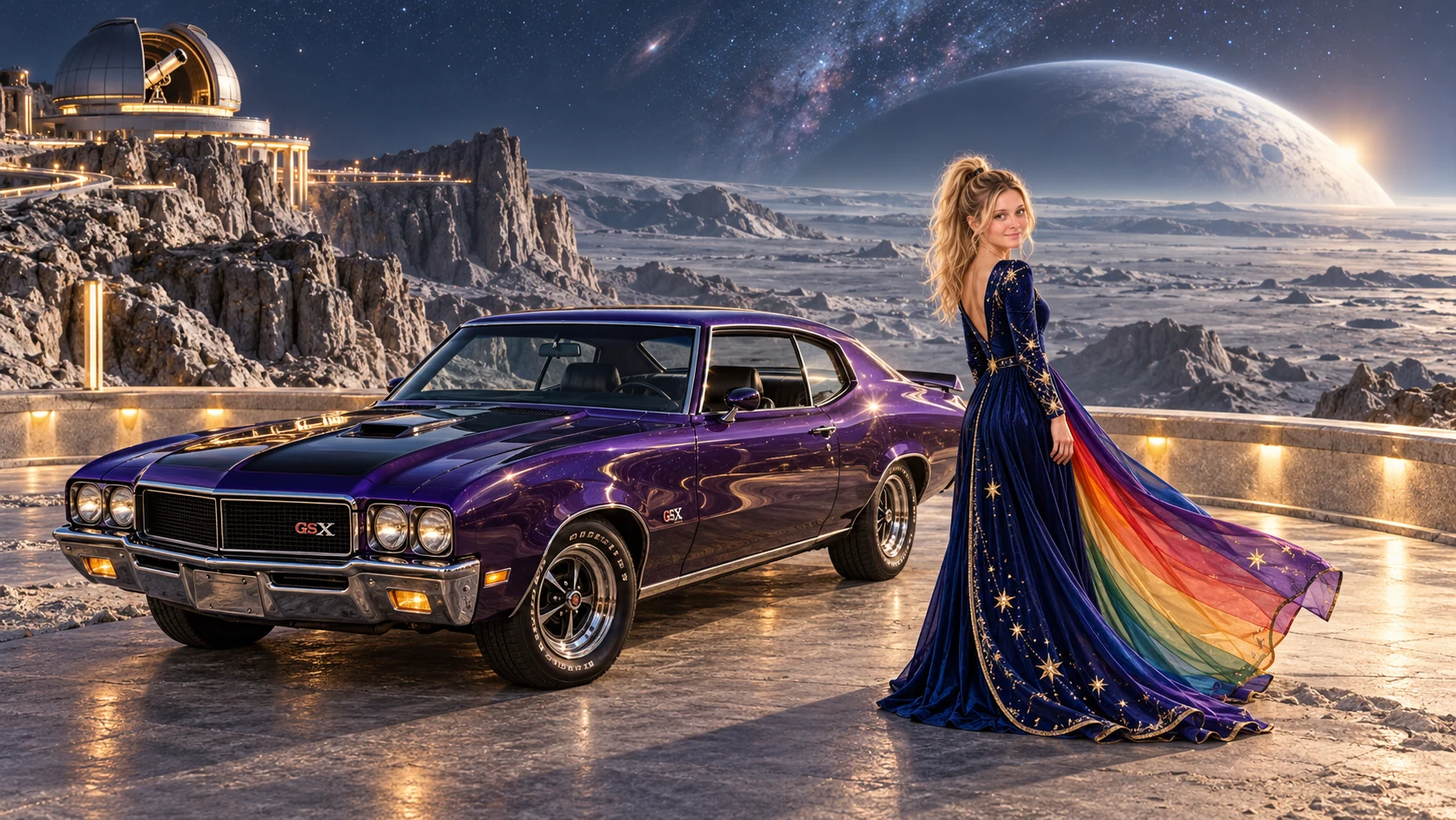 Kristin as Rainbow Brite wears a midnight-blue long-sleeved evening gown with a flowing rainbow-lined cape and tiny star embroidery beside a deep violet 1970 Buick GSX on Selene, in The Far Observatory.