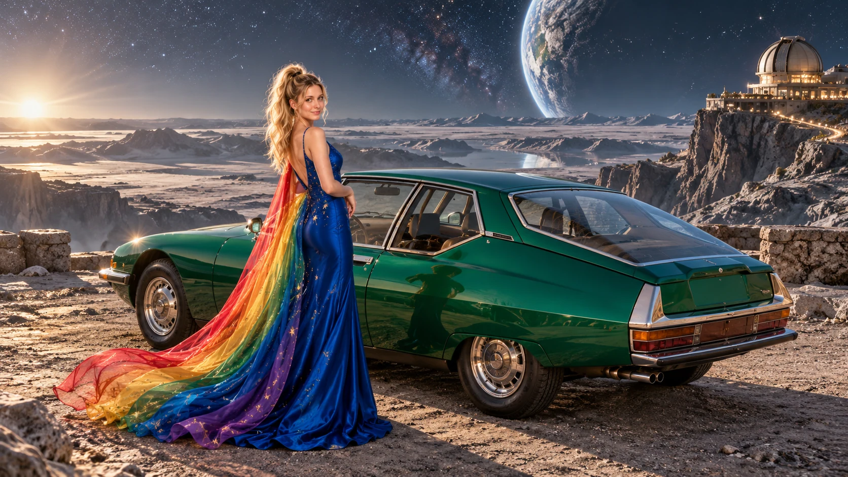 Kristin as Rainbow Brite wears a cobalt satin column gown with a dramatic rainbow chiffon cape and tiny gold star embroidery beside a bright emerald 1972 Citroën SM on Selene, in The Far Observatory.