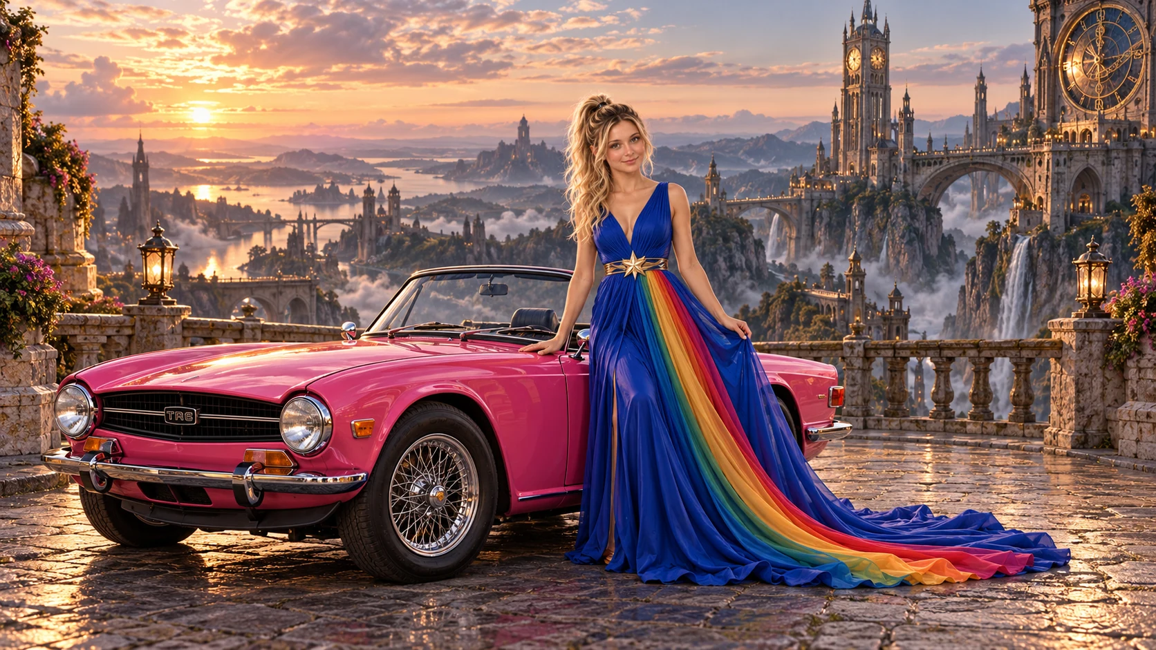 Kristin as Rainbow Brite wears a floor-length royal-blue silk gown with sculptural rainbow pleats and a flowing train, gold star belt beside a hot pink 1968 Triumph TR6 on Chronara, in The Far Observatory.