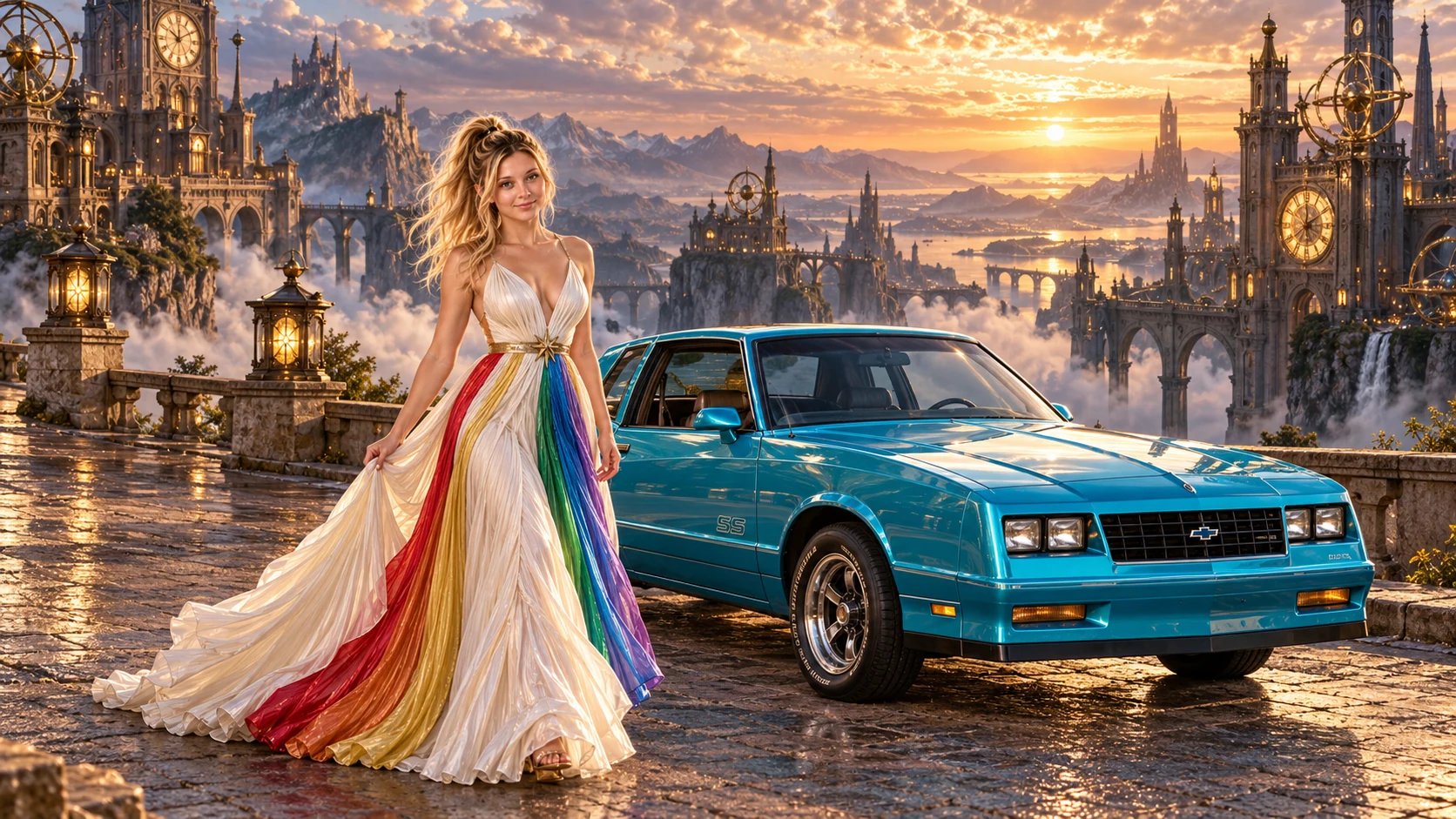 Kristin as Rainbow Brite wears a pearl-white pleated evening gown with jewel-tone rainbow panels and a fine gold star belt beside a electric turquoise 1985 Chevrolet Monte Carlo SS on Chronara, in The Far Observatory.
