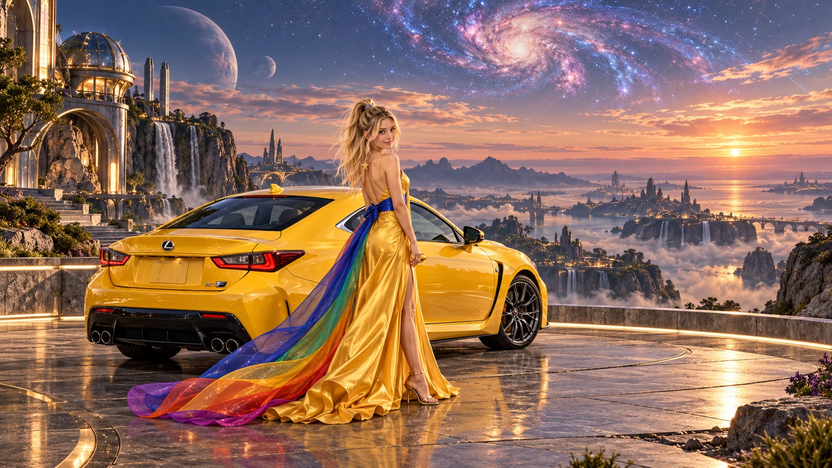 Kristin as Rainbow Brite wears a saffron satin evening gown with a royal-blue sash, graceful rainbow ribbon train and gold star pendant beside a sunflower yellow 2015 Lexus RC F on Andara, in The Far Observatory.