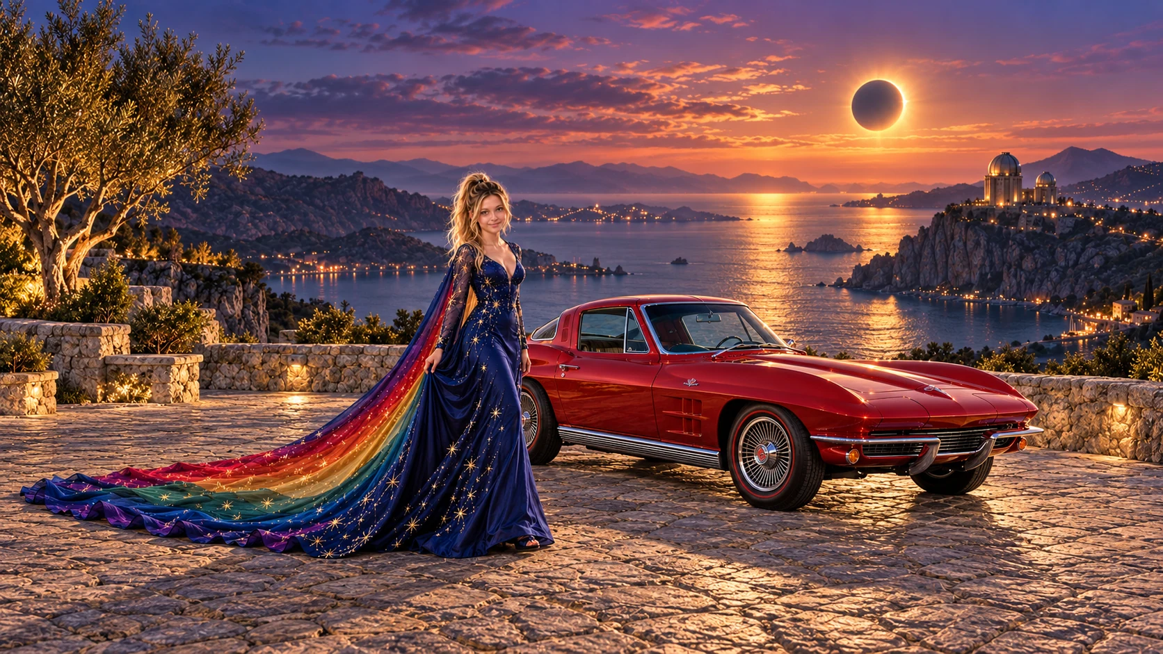 Kristin as Rainbow Brite wears a midnight-blue long-sleeved evening gown with a flowing rainbow-lined cape and tiny star embroidery beside a candy apple red 1963 Chevrolet Corvette Sting Ray on Eclipse Bay, in The Far Observatory.
