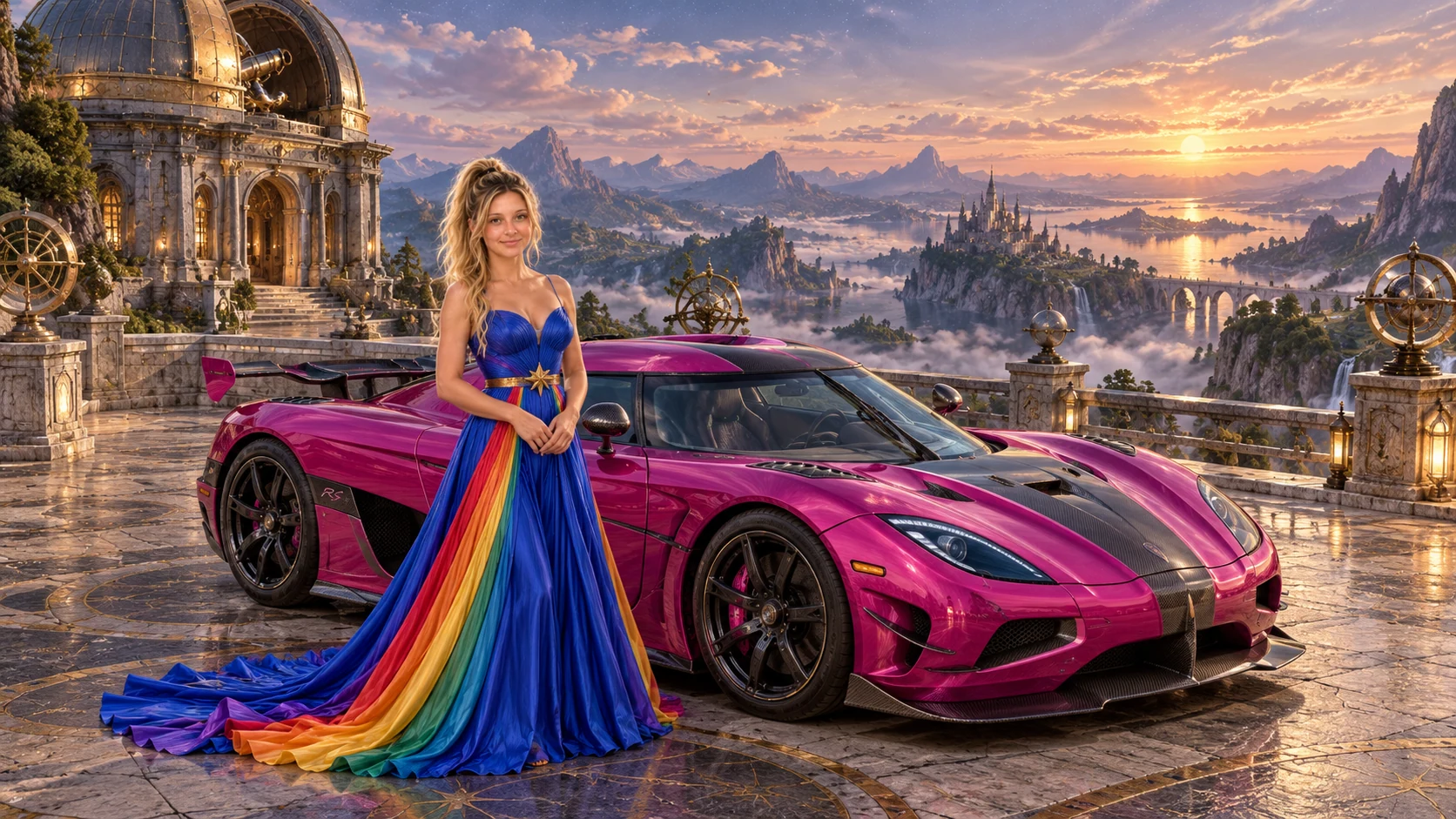 Kristin as Rainbow Brite wears a floor-length royal-blue silk gown with sculptural rainbow pleats and a flowing train, gold star belt beside a fuchsia magenta 2015 Koenigsegg Agera RS on Wanderer’s Rest, in The Far Observatory.
