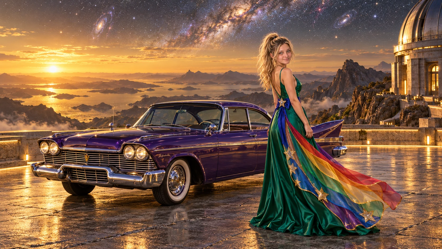 Kristin as Rainbow Brite wears a emerald silk evening dress with rainbow ribbon appliqué, a royal-blue waist sash and a jeweled star buckle beside a deep violet 1958 Plymouth Fury on The Last Light, in The Far Observatory.