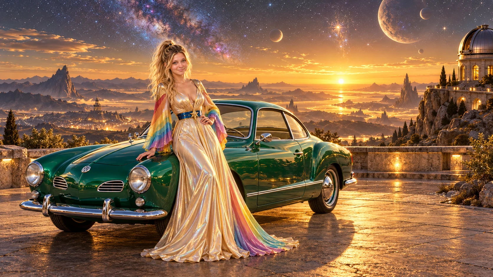 Kristin as Rainbow Brite wears a iridescent champagne satin gown with rainbow pleated sleeves and a sculpted blue-and-gold star belt beside a bright emerald 1965 Volkswagen Karmann Ghia on The Last Light, in The Far Observatory.