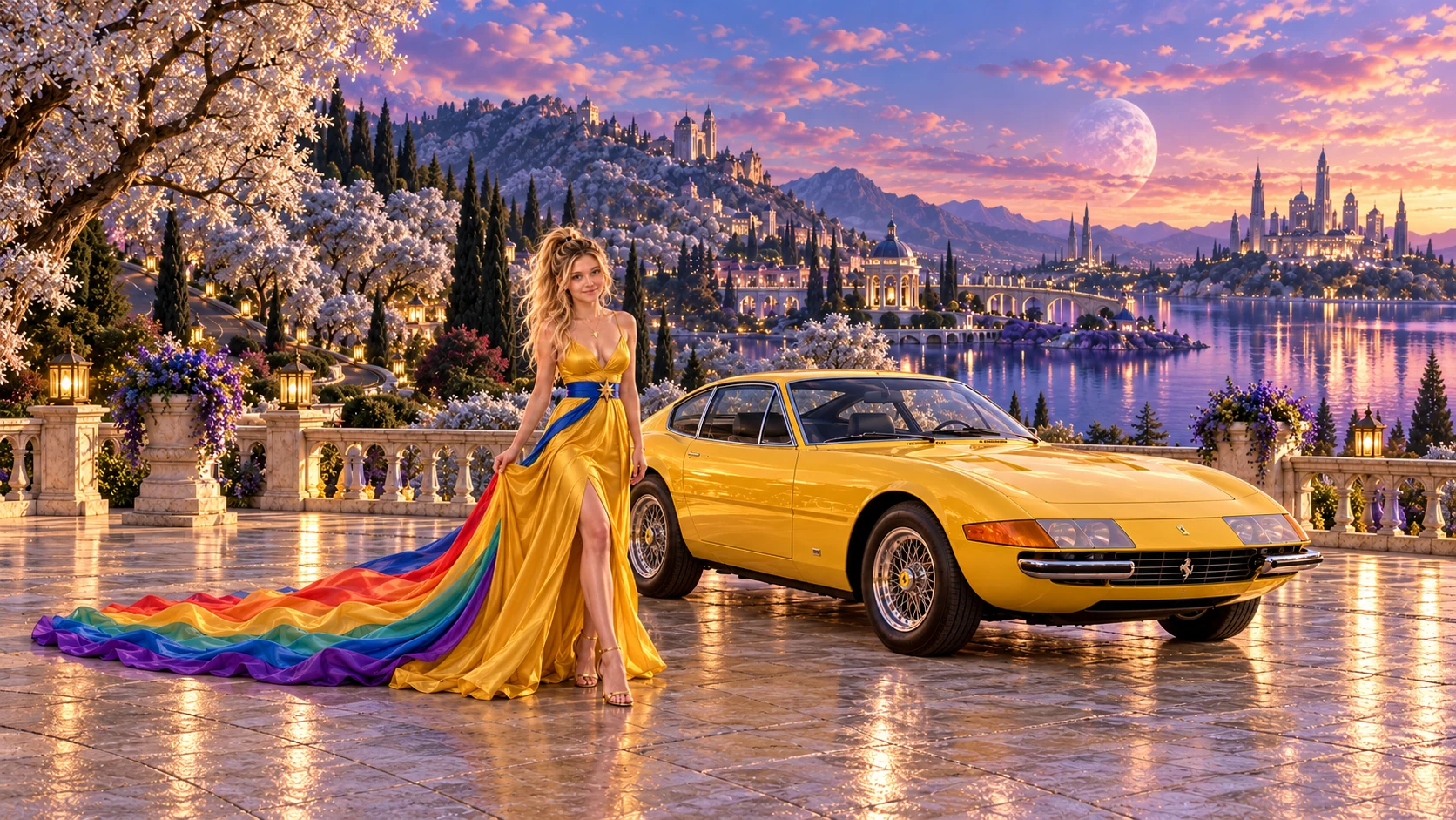 Kristin as Rainbow Brite wears a saffron satin evening gown with a royal-blue sash, graceful rainbow ribbon train and gold star pendant beside a sunflower yellow 1968 Ferrari 365 GTB/4 Daytona on Veloria, in The Far Observatory.