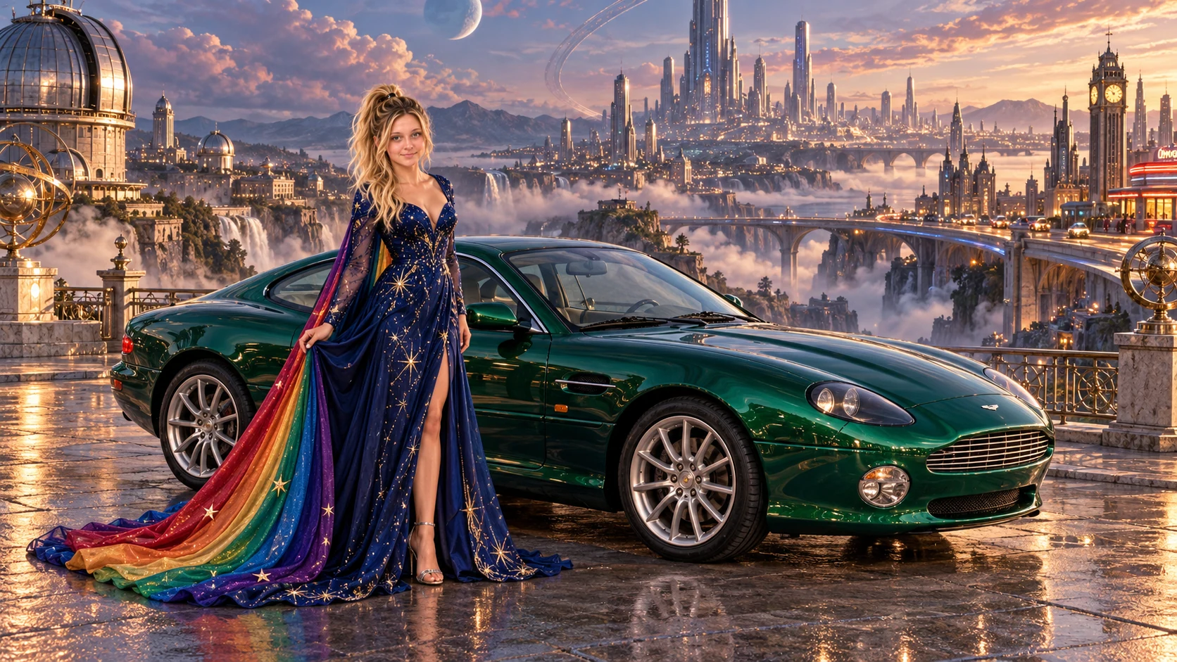 Kristin as Rainbow Brite wears a midnight-blue long-sleeved evening gown with a flowing rainbow-lined cape and tiny star embroidery beside a bright emerald 2003 Aston Martin DB7 on Fluxhaven, in The Far Observatory.