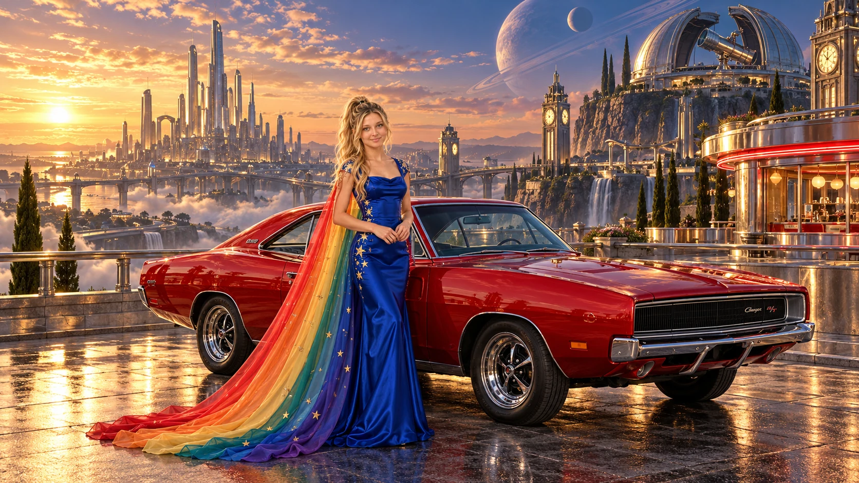 Kristin as Rainbow Brite wears a cobalt satin column gown with a dramatic rainbow chiffon cape and tiny gold star embroidery beside a candy apple red 1969 Dodge Charger on Fluxhaven, in The Far Observatory.