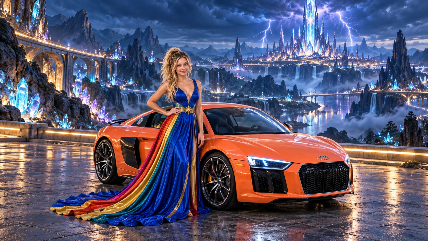 Kristin as Rainbow Brite wears a floor-length royal-blue silk gown with sculptural rainbow pleats and a flowing train, gold star belt beside a coral orange 2017 Audi R8 on Voltara, in The Far Observatory.