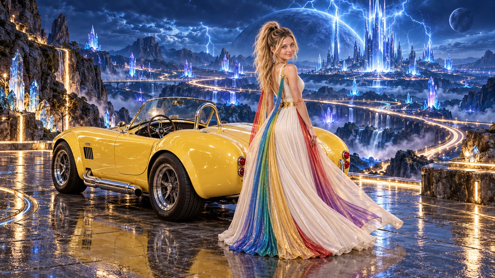 Kristin as Rainbow Brite wears a pearl-white pleated evening gown with jewel-tone rainbow panels and a fine gold star belt beside a lemon yellow 1965 Shelby Cobra on Voltara, in The Far Observatory.