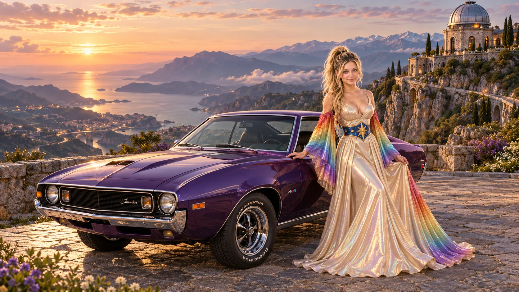 Kristin as Rainbow Brite wears a iridescent champagne satin gown with rainbow pleated sleeves and a sculpted blue-and-gold star belt beside a deep violet 1973 AMC Javelin on Crestgarten, in The Far Observatory.