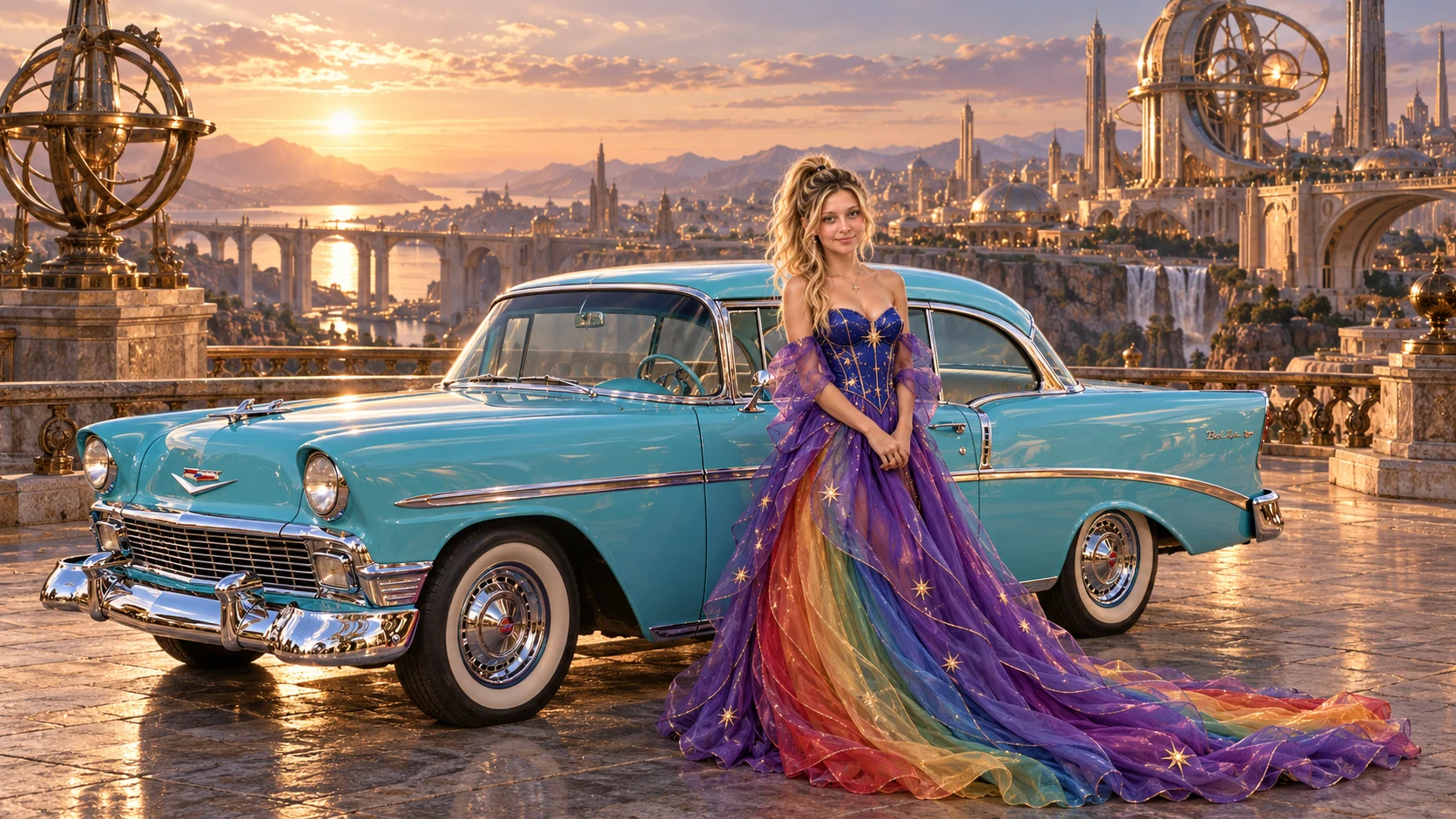 Kristin as Rainbow Brite wears a violet organza couture gown with a structured cobalt bodice, sweeping rainbow train and star jewels beside a glacier turquoise 1956 Chevrolet Bel Air on Artifex, in The Far Observatory.
