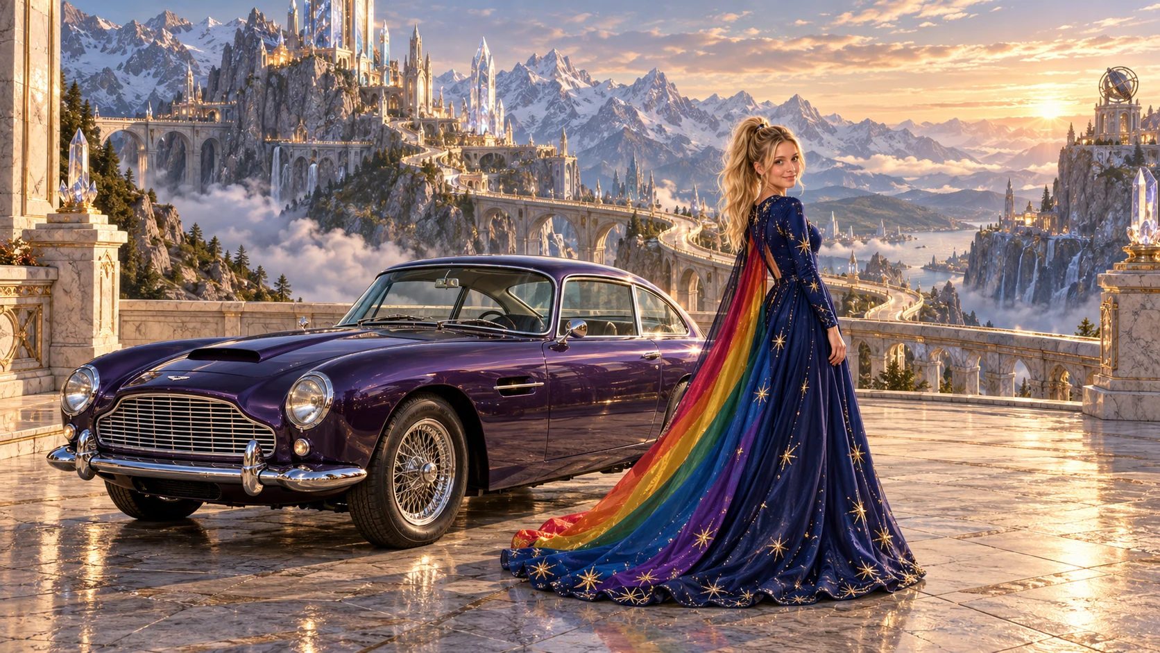 Kristin as Rainbow Brite wears a midnight-blue long-sleeved evening gown with a flowing rainbow-lined cape and tiny star embroidery beside a deep violet 1960 Aston Martin DB4 on Crownspire, in The Far Observatory.