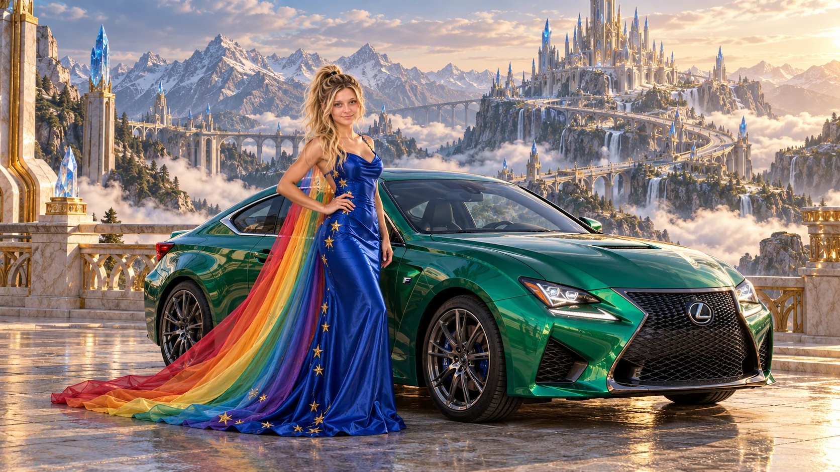 Kristin as Rainbow Brite wears a cobalt satin column gown with a dramatic rainbow chiffon cape and tiny gold star embroidery beside a bright emerald 2015 Lexus RC F on Crownspire, in The Far Observatory.